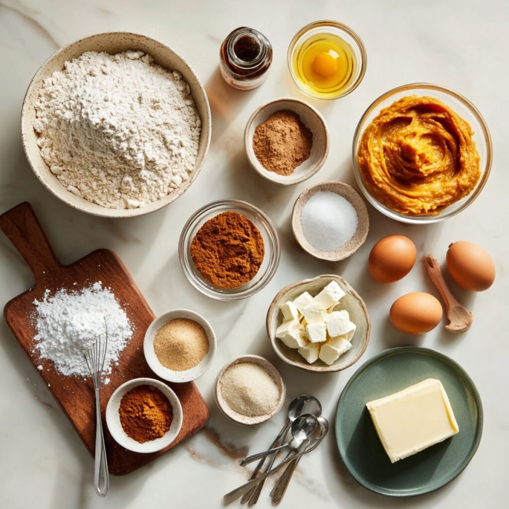 Fresh ingredients for pumpkin cinnamon roll muffins including pumpkin puree, flour, cinnamon and cream cheese. Complete recipe components arranged on white marble counter for easy 30 minute preparation.