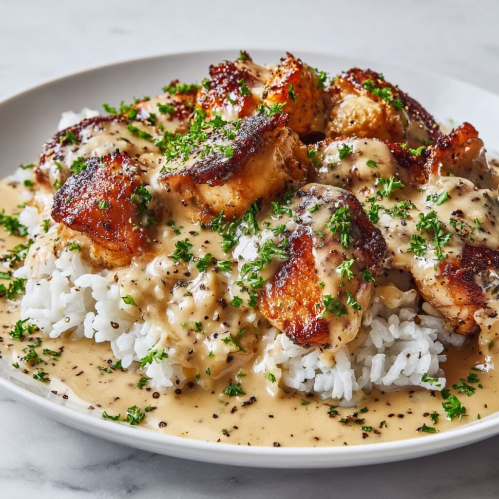 Smothered chicken and rice plated with creamy gravy and fresh parsley garnish on white plate