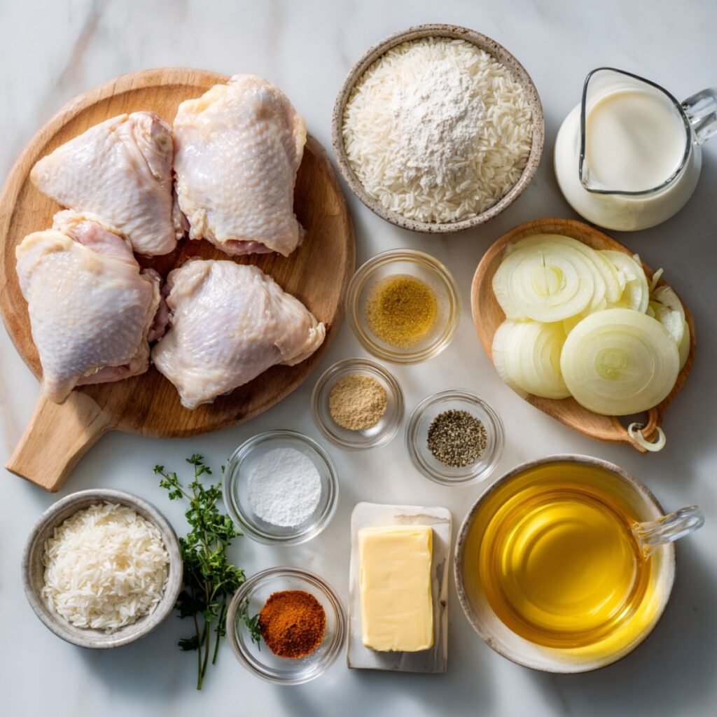 Complete ingredients for smothered chicken and rice including raw chicken thighs, rice, and creamy gravy components
