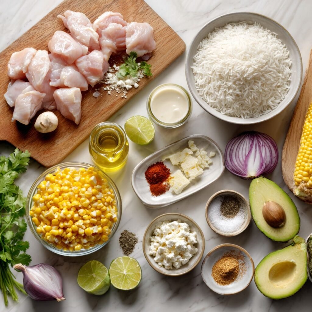 Complete ingredients for street corn chicken rice bowl including fresh corn, raw chicken, cotija cheese and Mexican seasonings