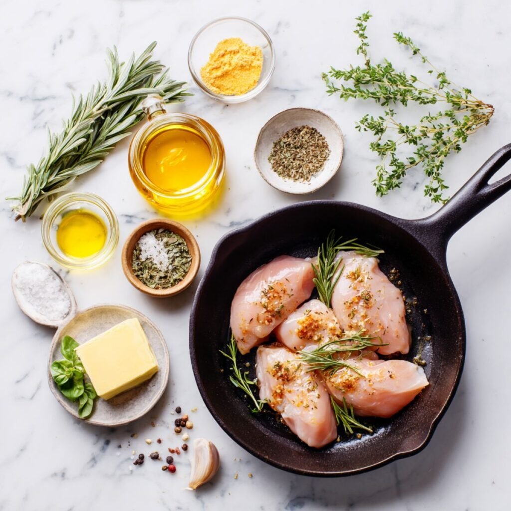 ngredients for chicken skillet recipe arranged on counter for preparation.