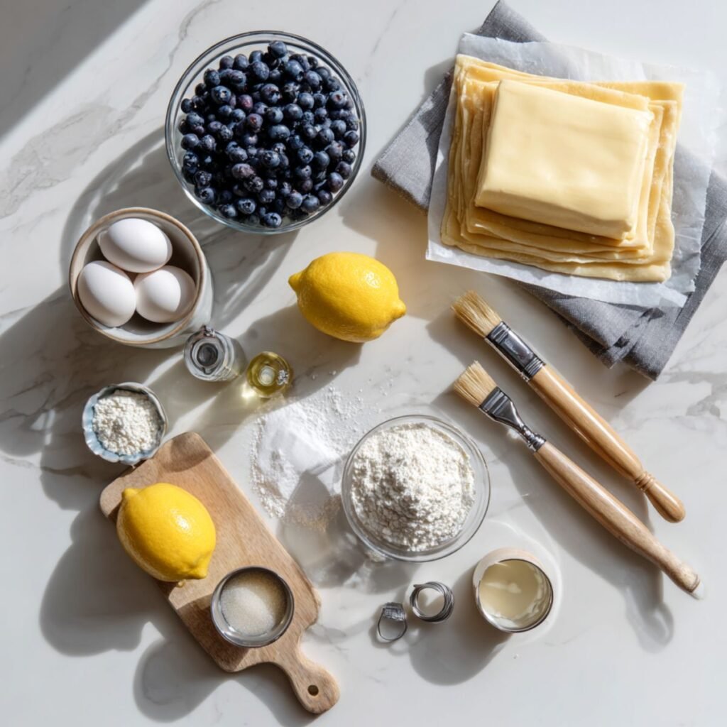 Complete ingredients for blueberry cream cheese puff pastry including frozen puff pastry, fresh blueberries, cream cheese and baking essentials.