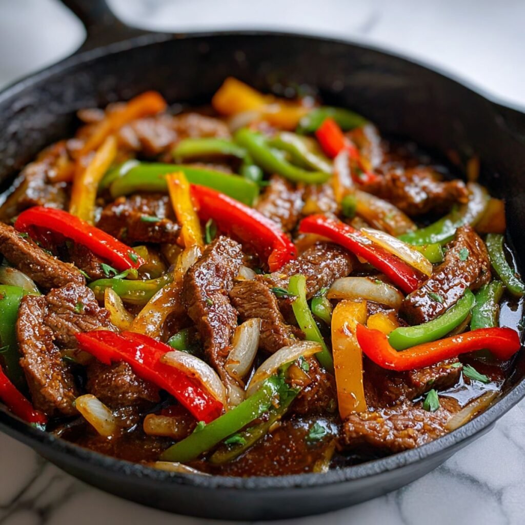 Chinese pepper steak recipe with tender beef strips, colorful bell peppers and glossy brown sauce in cast iron skillet. Authentic restaurant-style stir-fry with perfect sauce coating.