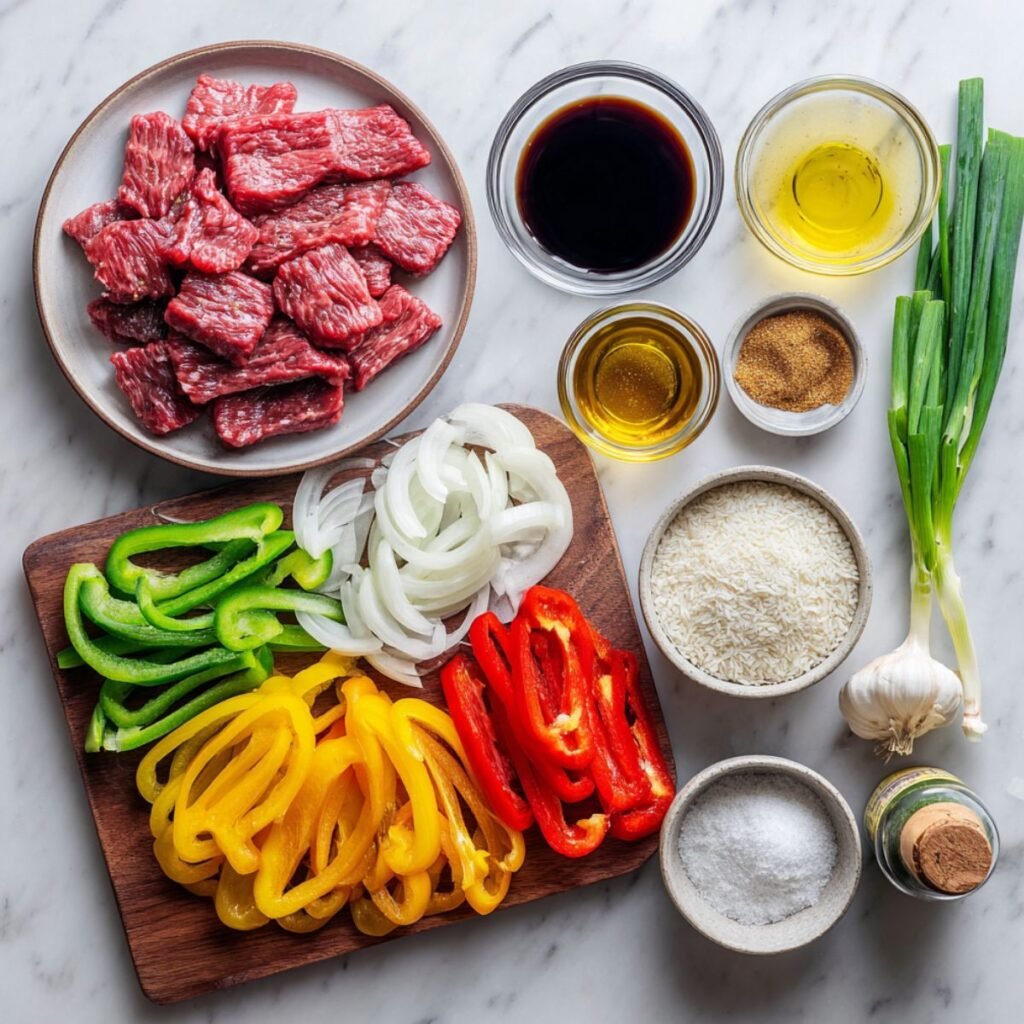 Complete ingredients for Chinese pepper steak recipe including sliced flank steak, colorful bell peppers and sauce components.