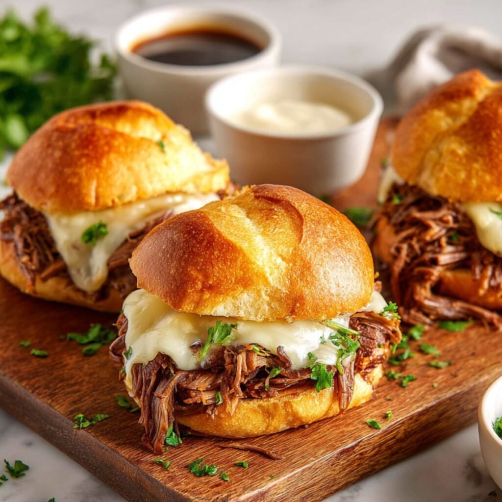 Crock pot french dip sandwiches with tender shredded beef and melted provolone cheese on toasted hoagie rolls. Slow cooker beef sandwiches with au jus dipping sauce on wooden board.
