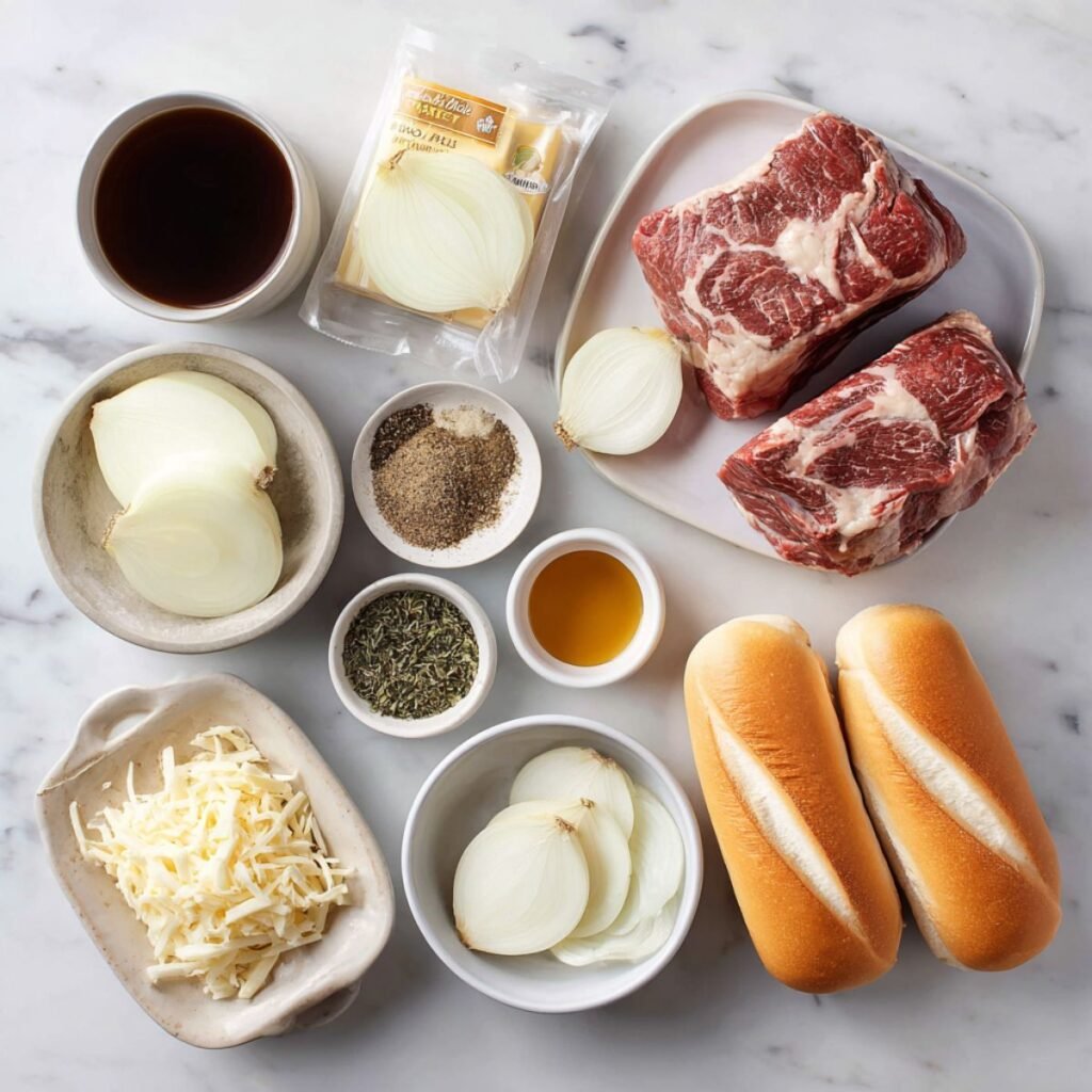 Ingredients for crock pot french dip sandwiches including chuck roast, beef broth, hoagie rolls and provolone cheese arranged for slow cooker preparation.