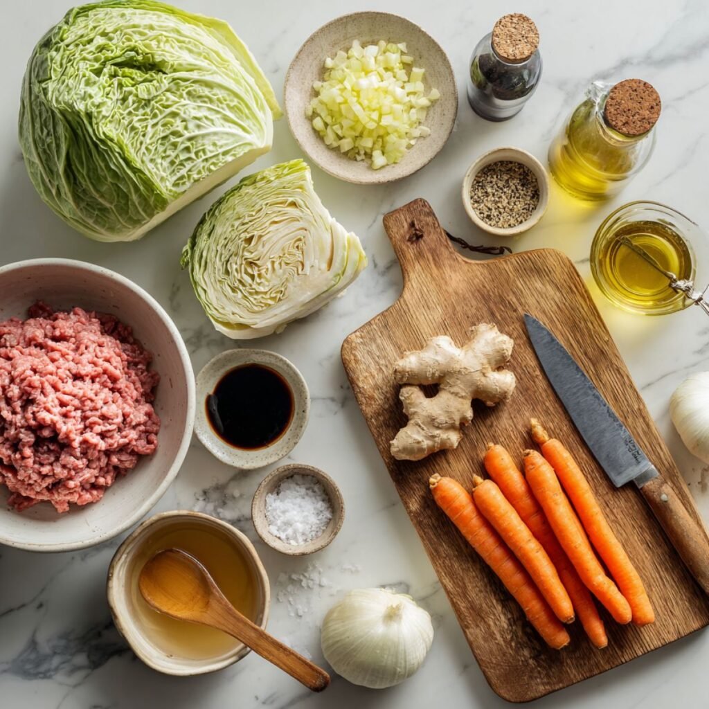 Fresh ingredients for beef cabbage recipe including ground beef, green cabbage, carrots and seasonings on counter. Simple whole food ingredients for easy 25 minute one pan dinner.