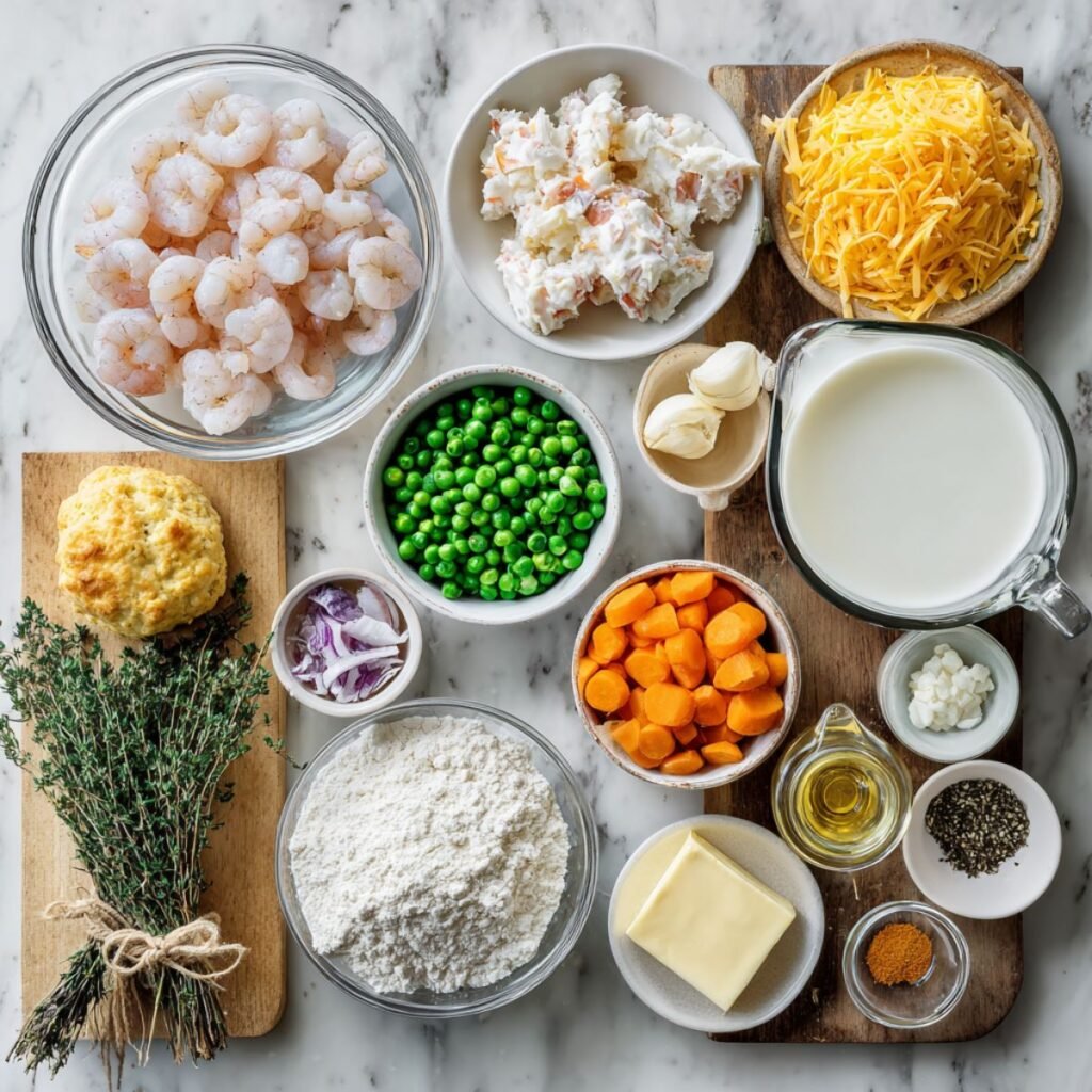 Fresh ingredients for cheddar bay biscuit seafood pot pie including shrimp, crab, vegetables, cream and baking ingredients. Simple prep for coastal comfort food dinner.