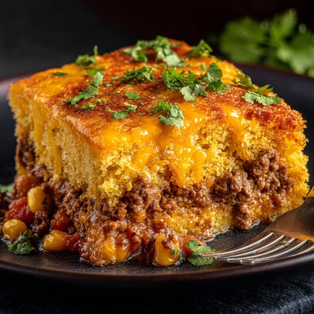Cowboy cornbread casserole slice showing layers of golden cornbread over seasoned beef, beans and corn. Easy one pan comfort dinner ready in 50 minutes for family meals.