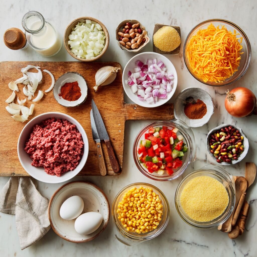 Fresh ingredients for cowboy cornbread casserole including ground beef, beans, corn and cornbread mix. Simple pantry ingredients for easy layered one pan dinner casserole.