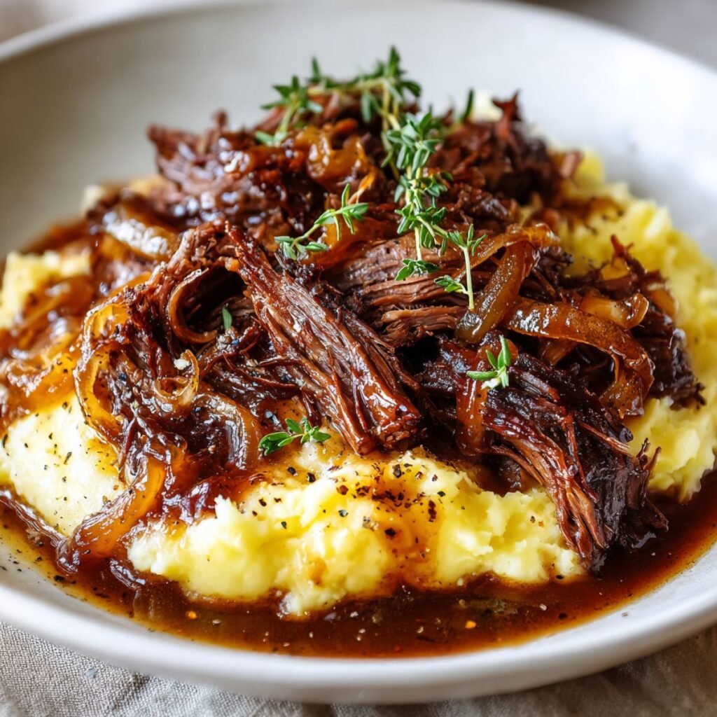 French onion pot roast showing tender shredded beef in rich caramelized onion gravy over creamy mashed potatoes. Classic Sunday dinner comfort food.