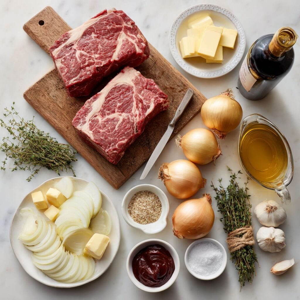 Fresh ingredients for French onion pot roast including chuck roast, yellow onions, beef broth and herbs. Simple prep for classic Sunday dinner.
