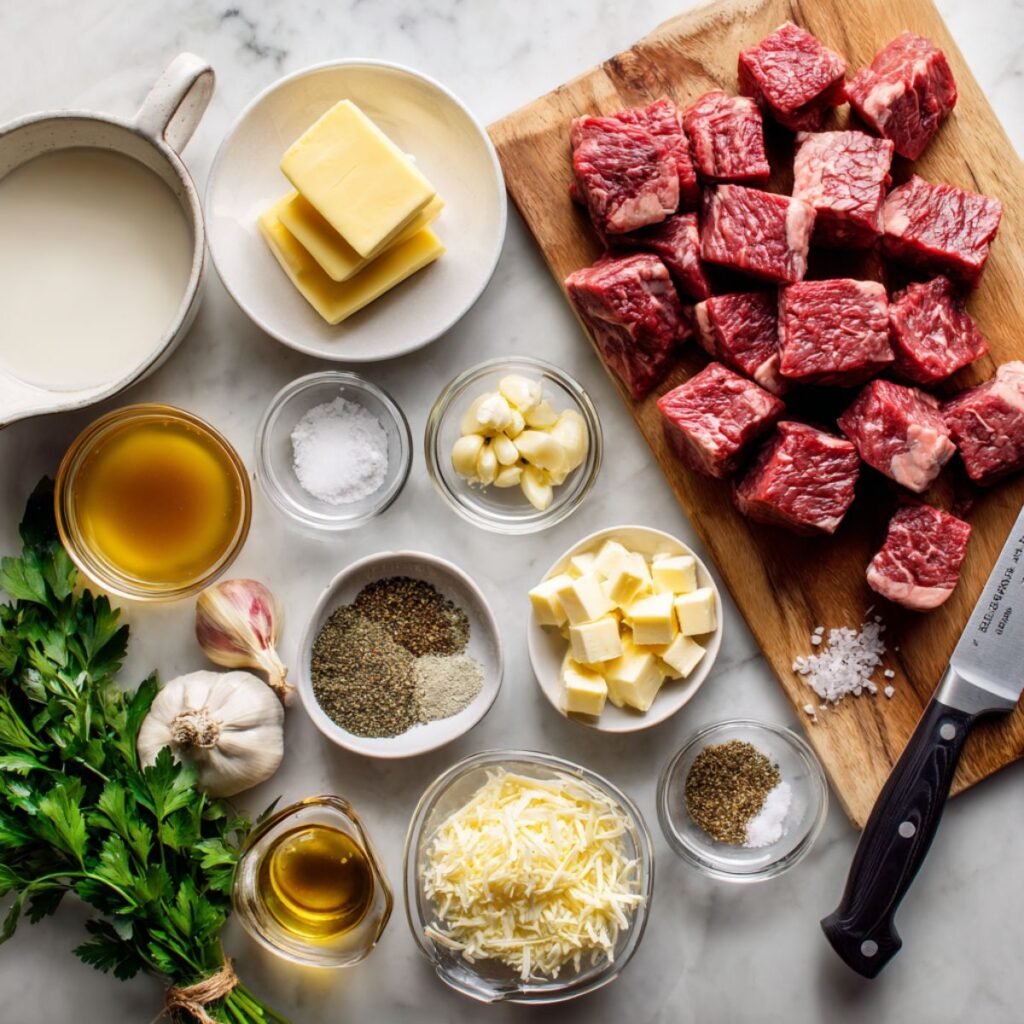 Fresh ingredients for garlic butter steak bites with parmesan cream sauce including sirloin steak, cream, garlic and parmesan. Simple prep for restaurant quality dinner.