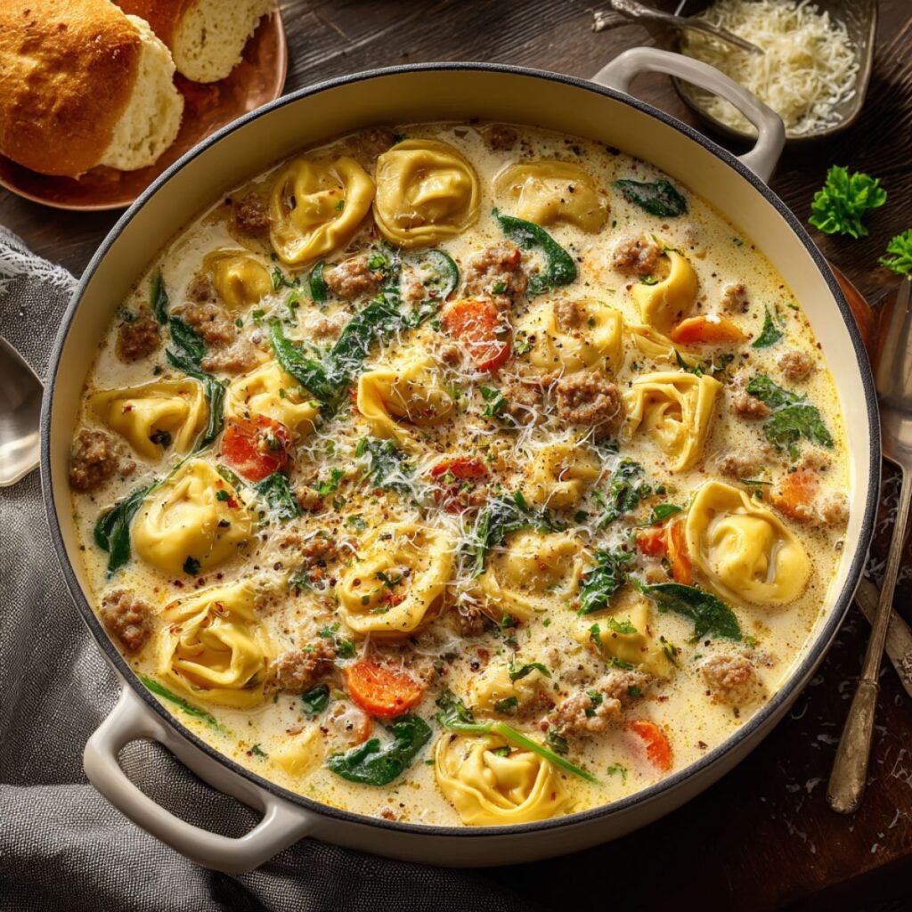 Italian sausage tortellini soup with cheese tortellini, spinach and cream. Comforting one pot soup ready in 35 minutes for cozy family dinners.