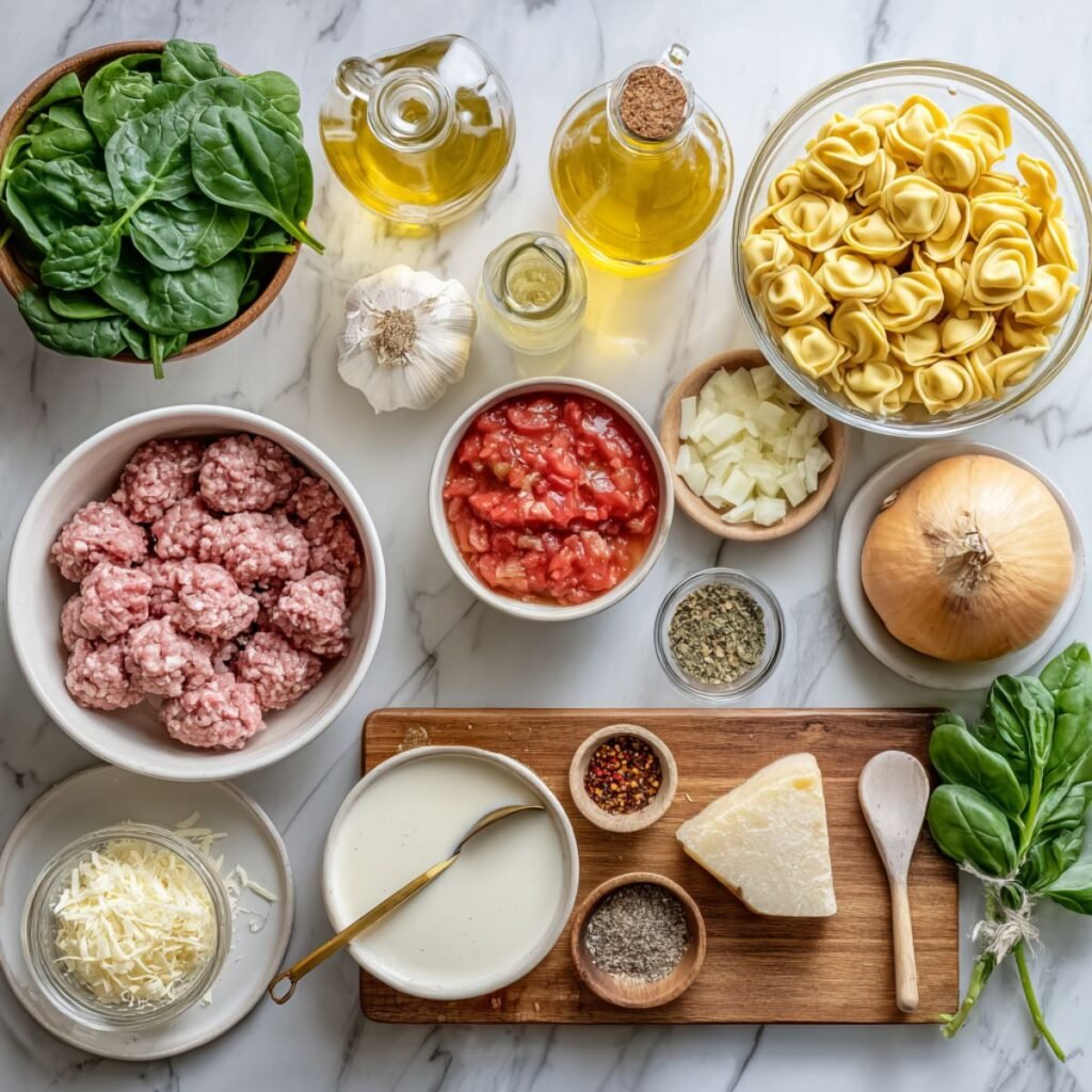 Fresh ingredients for italian sausage tortellini soup including sausage, cheese tortellini, cream and spinach. Simple ingredients for easy one pot Italian comfort soup.