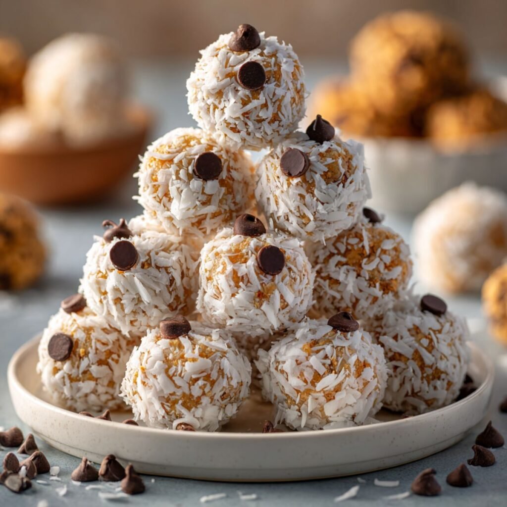 No bake moose farts with coconut coating and chocolate chips stacked on plate. Easy 15 minute no oven dessert bites perfect for parties and holiday treats.
