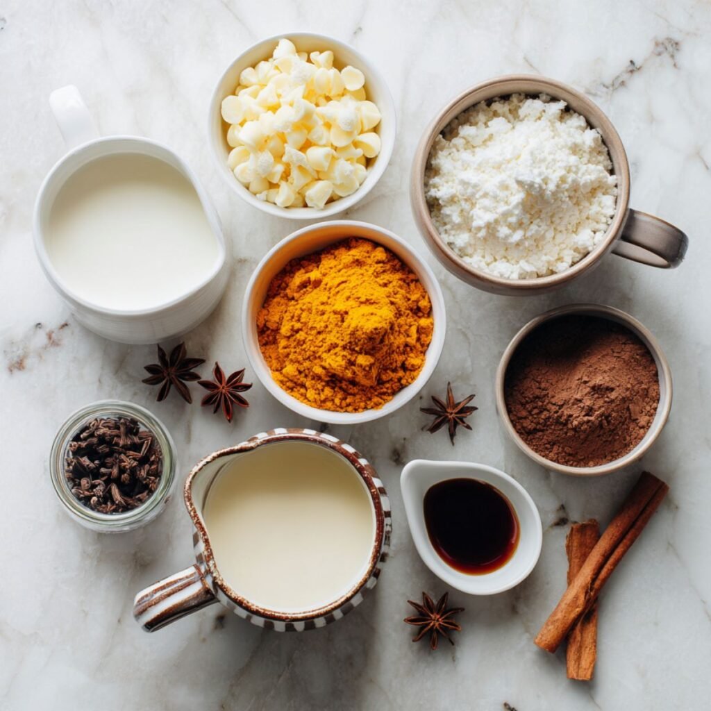 Ingredients for pumpkin white hot chocolate including white chocolate chips, pumpkin puree, milk and fall spices arranged for beverage preparation.