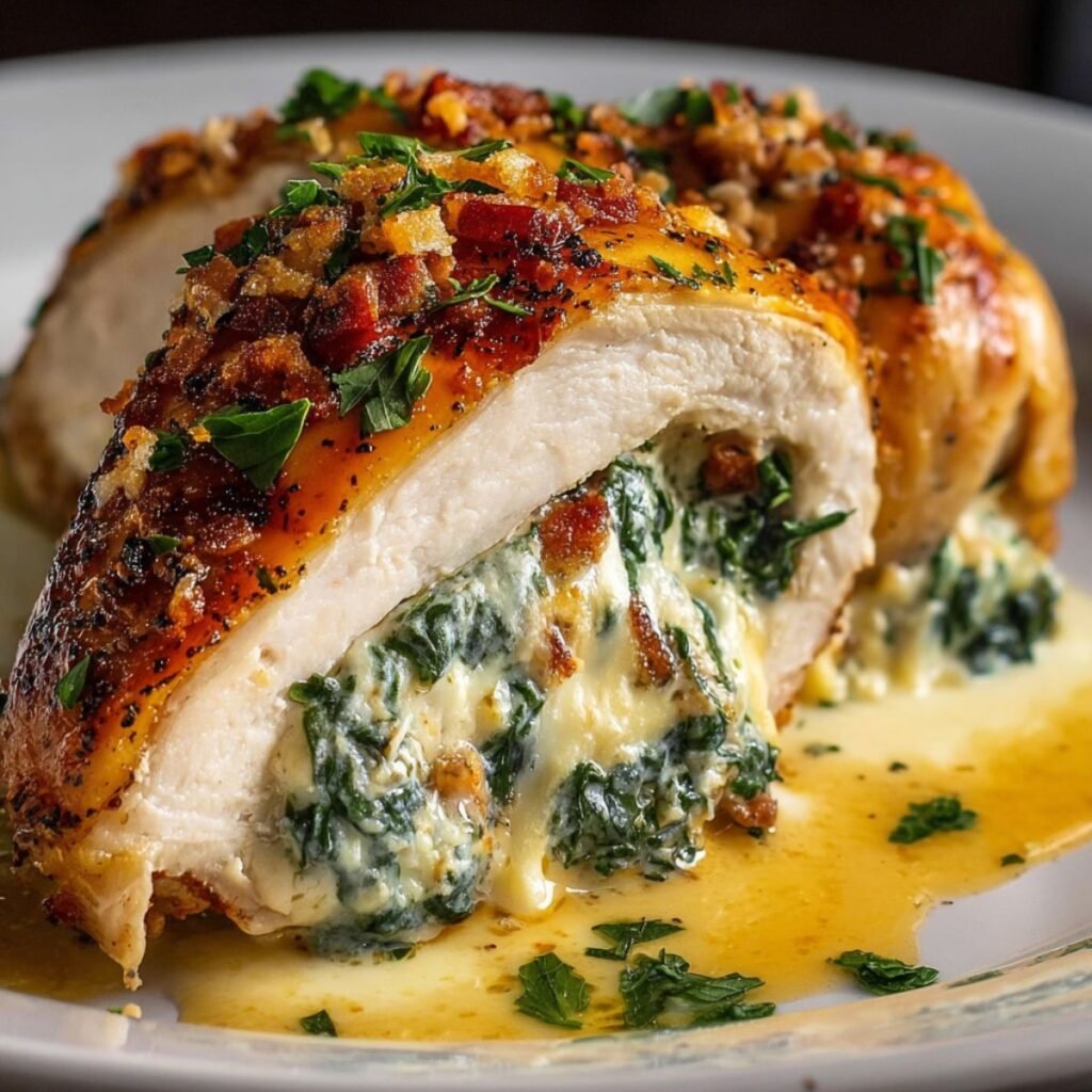 Ruth's Chris stuffed chicken recipe showing sliced breast with creamy garlic herb filling. Copycat steakhouse dinner ready in 50 minutes at home.