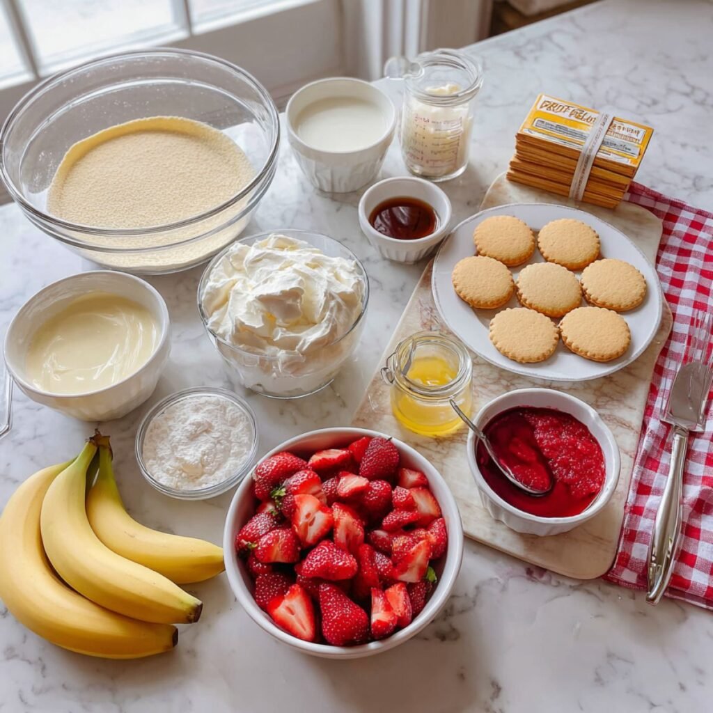 Fresh ingredients for strawberry banana pudding including strawberries, bananas, vanilla wafers, pudding mix and cream. Simple no bake dessert prep.