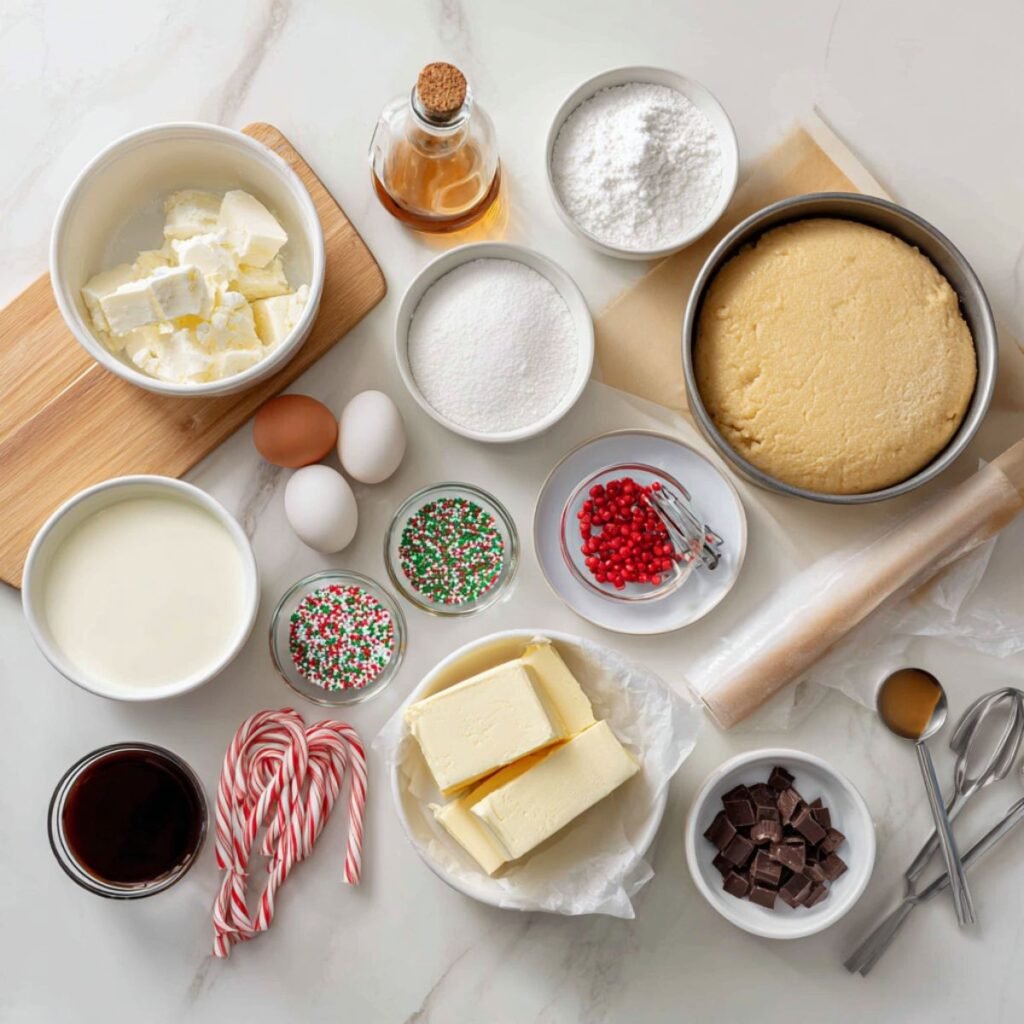 Fresh ingredients for sugar cookie cheesecake including sugar cookie dough, cream cheese and holiday decorations. Simple ingredients for impressive Christmas celebration dessert.