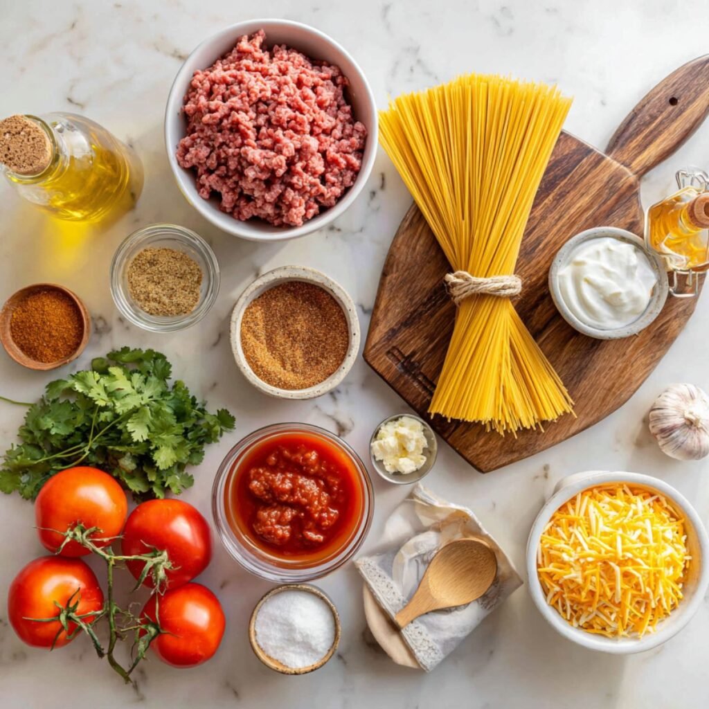 Fresh ingredients for taco spaghetti including ground beef, pasta, taco seasoning and cheese. Simple pantry ingredients for easy one pot Tex Mex dinner.