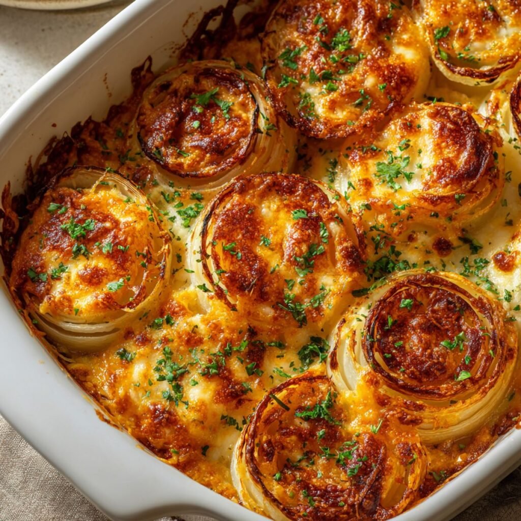 ennessee onions recipe with sweet onion rings topped with butter and melted cheese baked golden. Easy southern side dish ready in 45 minutes for holidays and dinners.