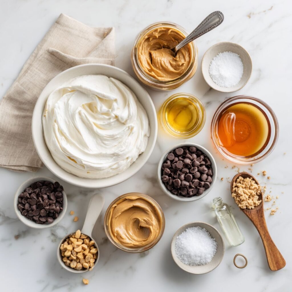 Fresh ingredients for frozen greek yogurt peanut butter bites including Greek yogurt, peanut butter and chocolate chips. Simple healthy ingredients for protein packed frozen treats.