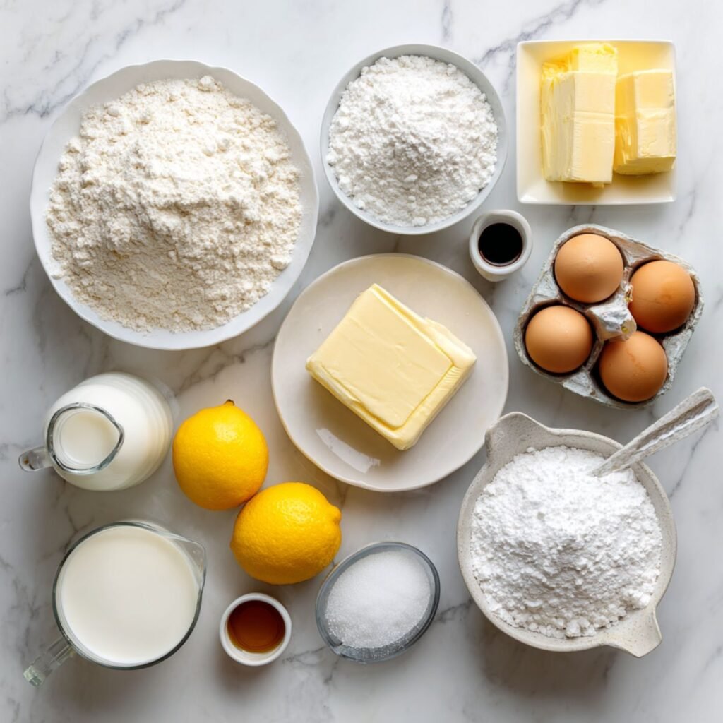 Ingredients for moist lemon cake recipe including flour, butter, fresh lemons, eggs and baking essentials arranged for cake preparation.