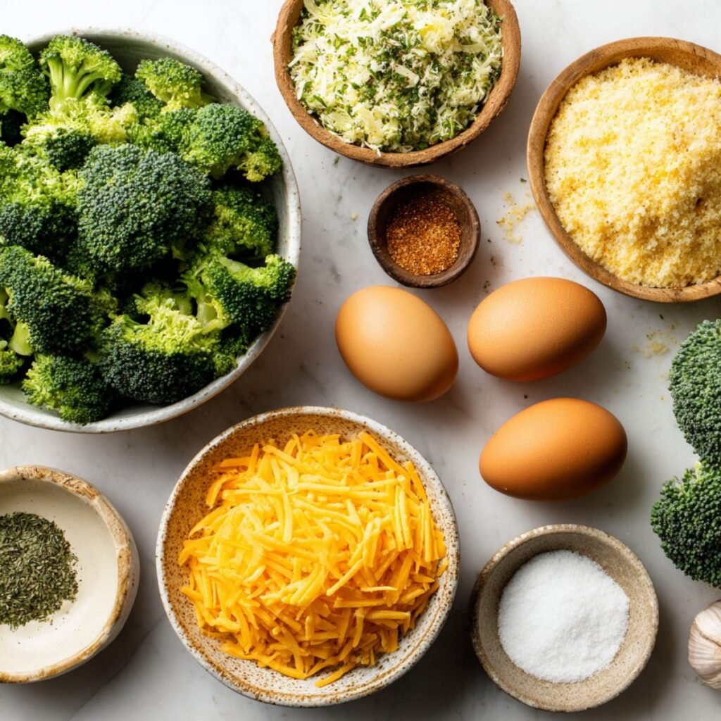 Fresh broccoli florets, shredded cheddar cheese, bread crumbs, and eggs arranged for making crispy broccoli cheese bites