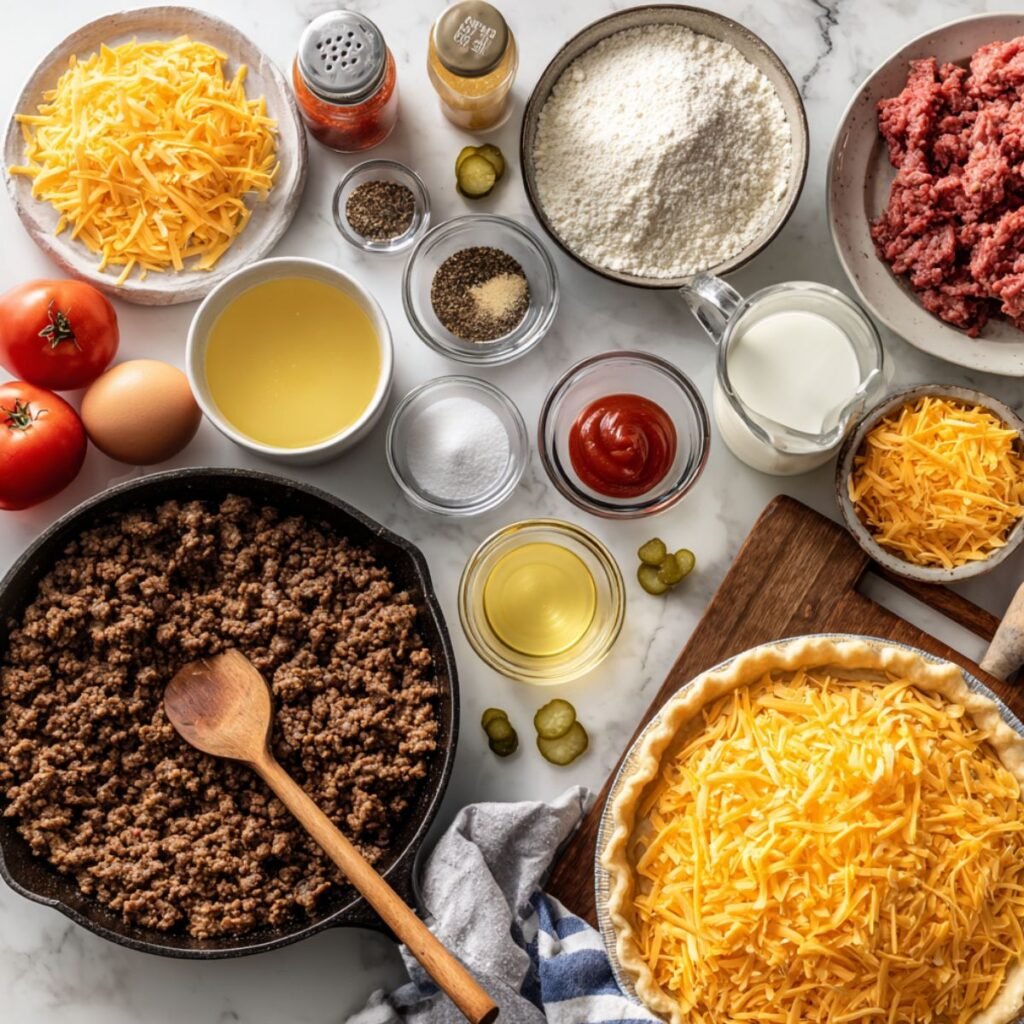 Fresh ingredients for cheeseburger pie including ground beef, Bisquick mix, cheddar cheese and eggs. Easy impossible pie assembly with self forming crust.