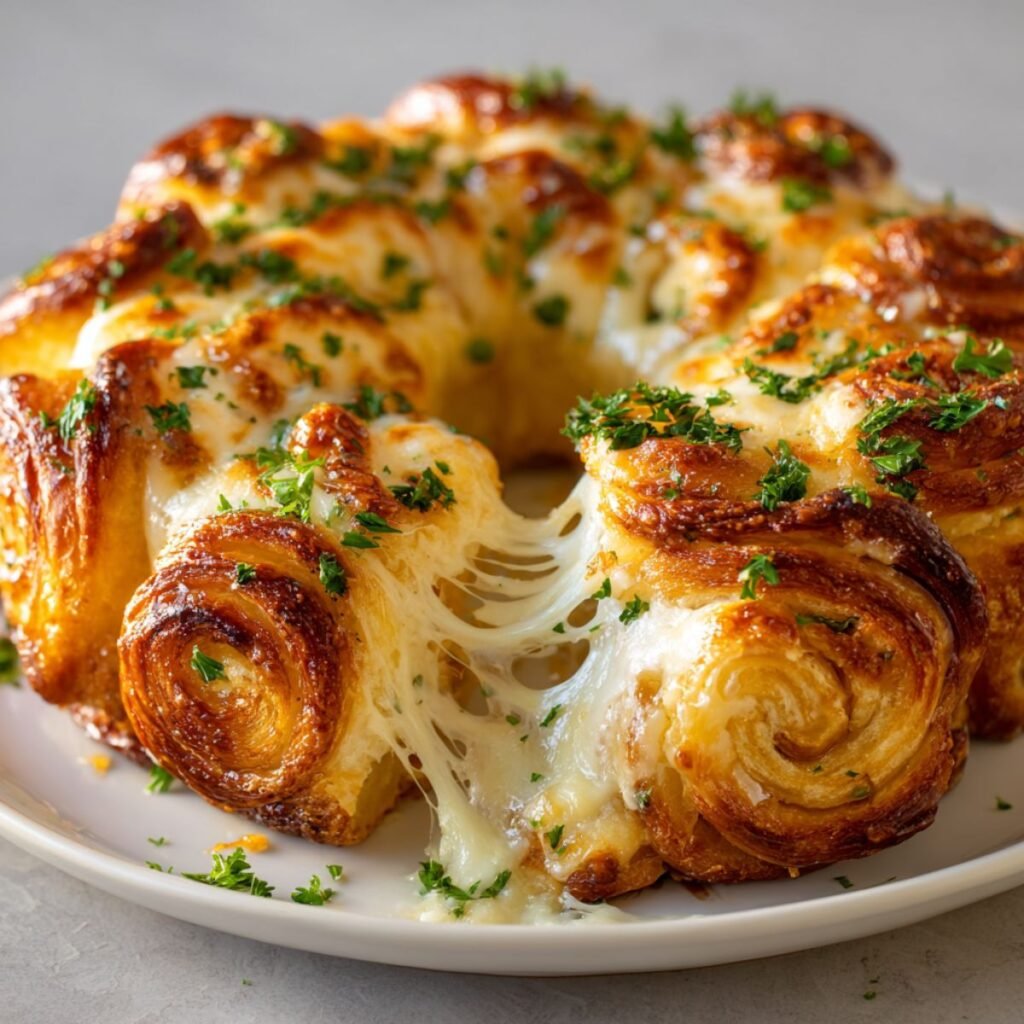 Cheesy garlic cruffin showing flaky golden pastry layers with dramatic melted cheese pull. Perfect appetizer ready in 35 minutes for parties.