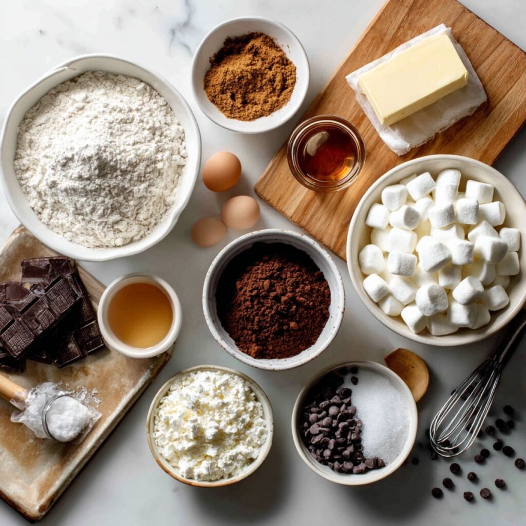 Fresh ingredients for chocolate marshmallow swirl cookies including cocoa powder, flour, butter and marshmallow fluff. Simple holiday cookie baking prep.