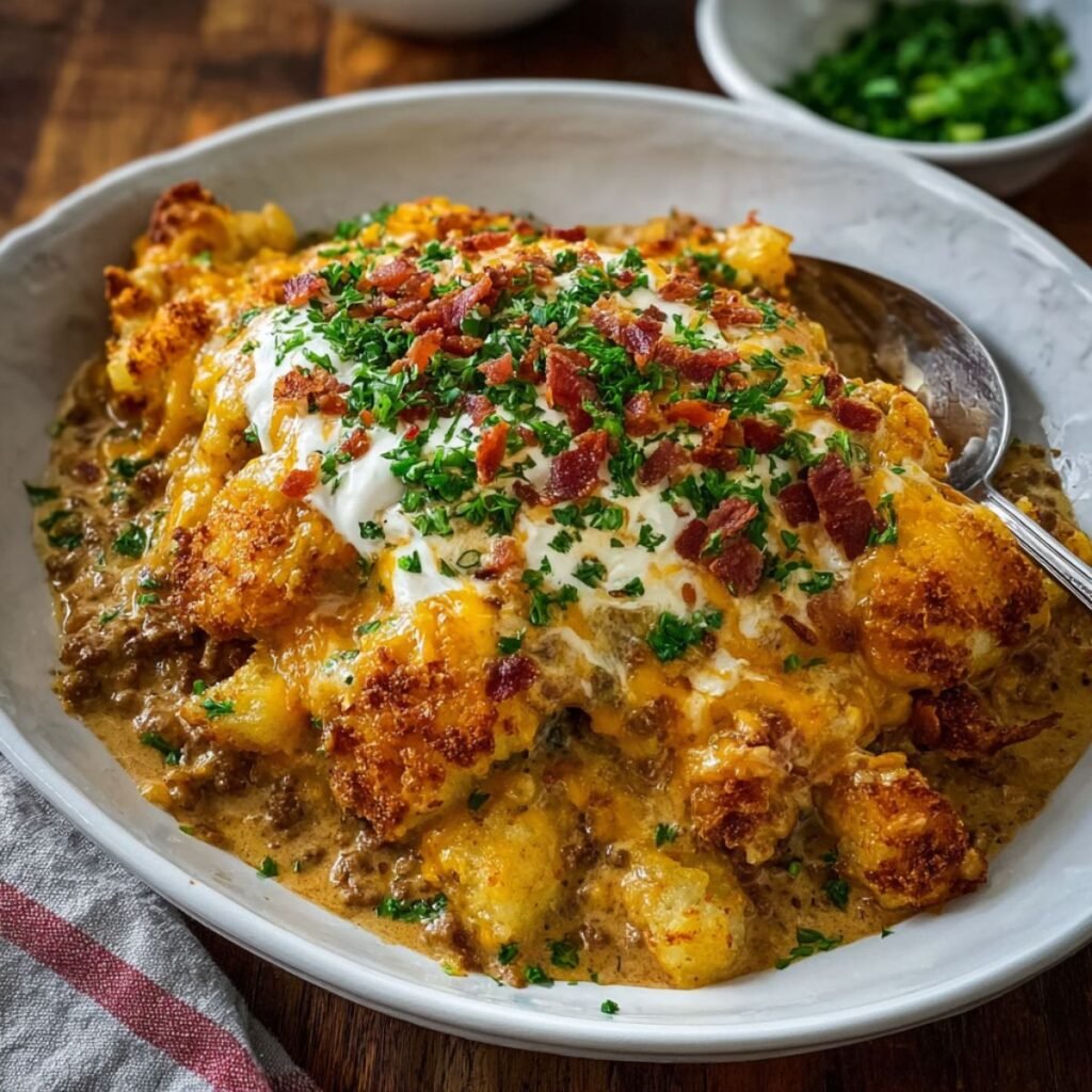 Cowboy casserole recipe with crispy tater tots, melted cheese and bacon. Hearty 50 minute family dinner casserole with layers.