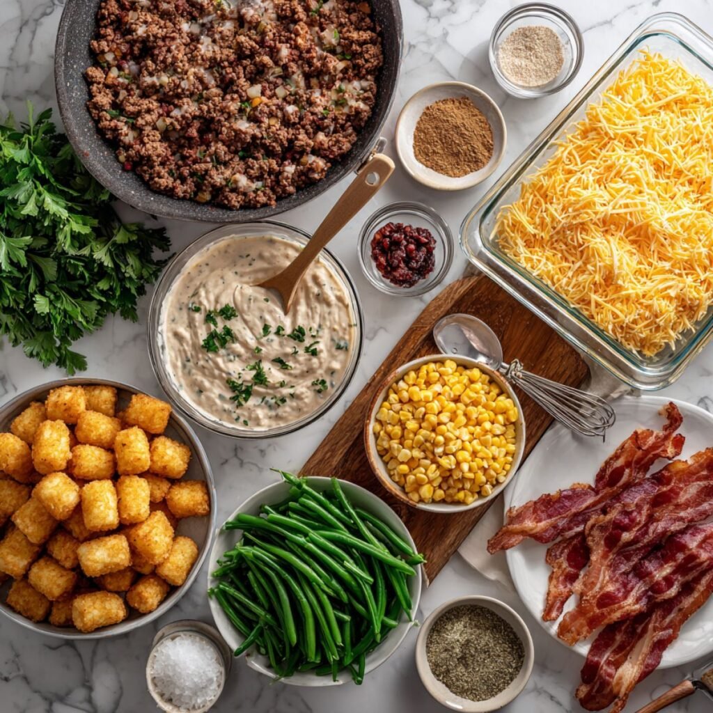 Fresh ingredients for cowboy casserole recipe including ground beef, tater tots, cheese, corn and cream sauce. Easy layered casserole assembly prep.