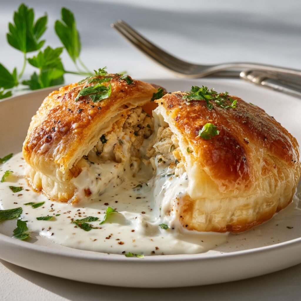 Golden 40 minute creamy chicken pillows with rich parmesan cream sauce drizzled on top garnished with fresh parsley and black pepper