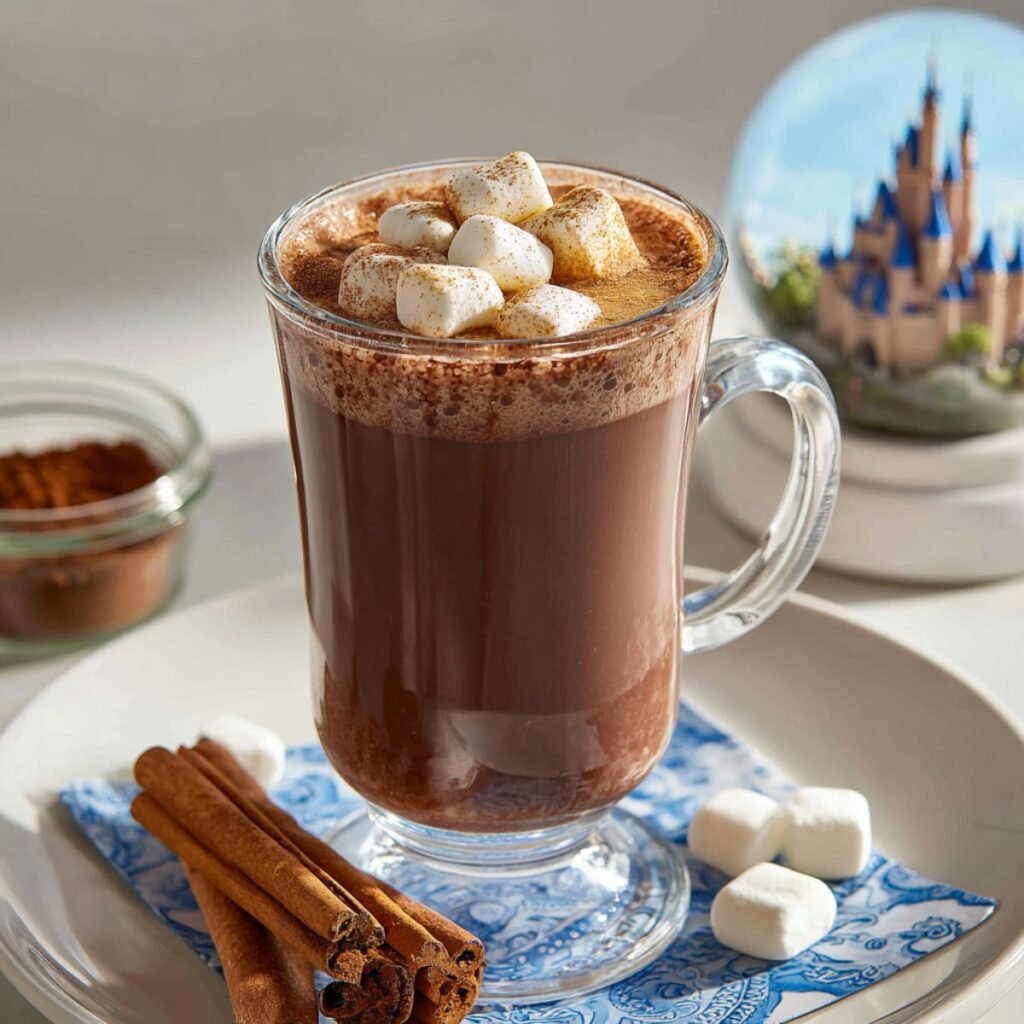 Magical 10 minute Disneyland hot chocolate in clear glass mug with mini marshmallows and cocoa powder dusting