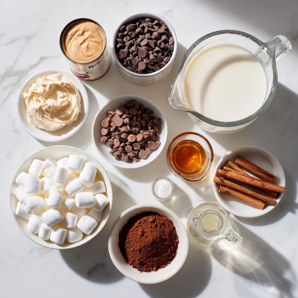 Ingredients for Disneyland hot chocolate including milk, sweetened condensed milk, chocolate chips, cocoa powder, and marshmallows on white marble