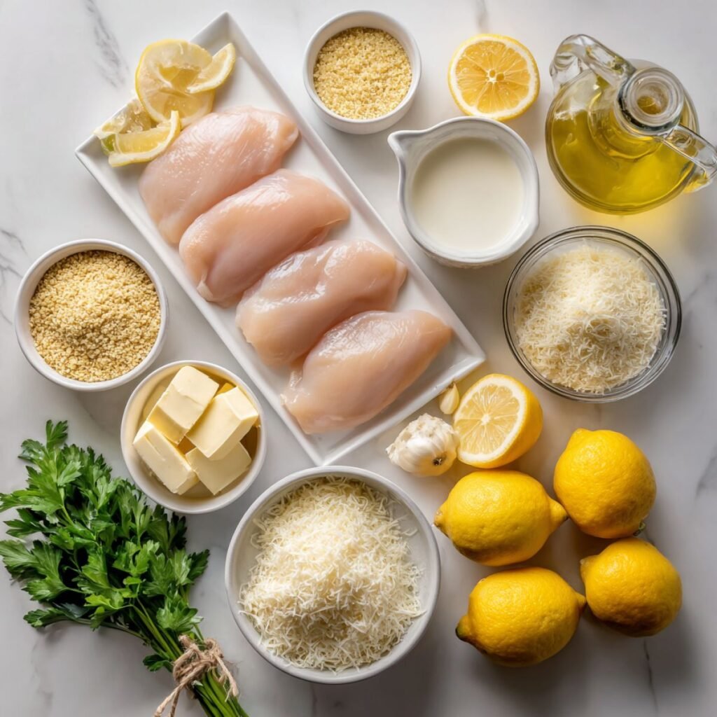 Fresh ingredients for lemon chicken romano including chicken breasts breadcrumbs romano cheese fresh lemons and herbs arranged on marble surface