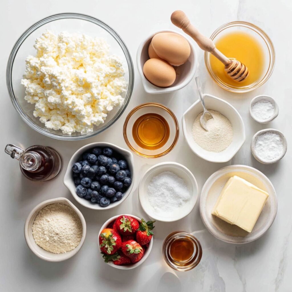 Fresh ingredients for gluten free cottage cheese pancakes including cottage cheese, eggs, vanilla and honey. No flour high protein pancake prep.