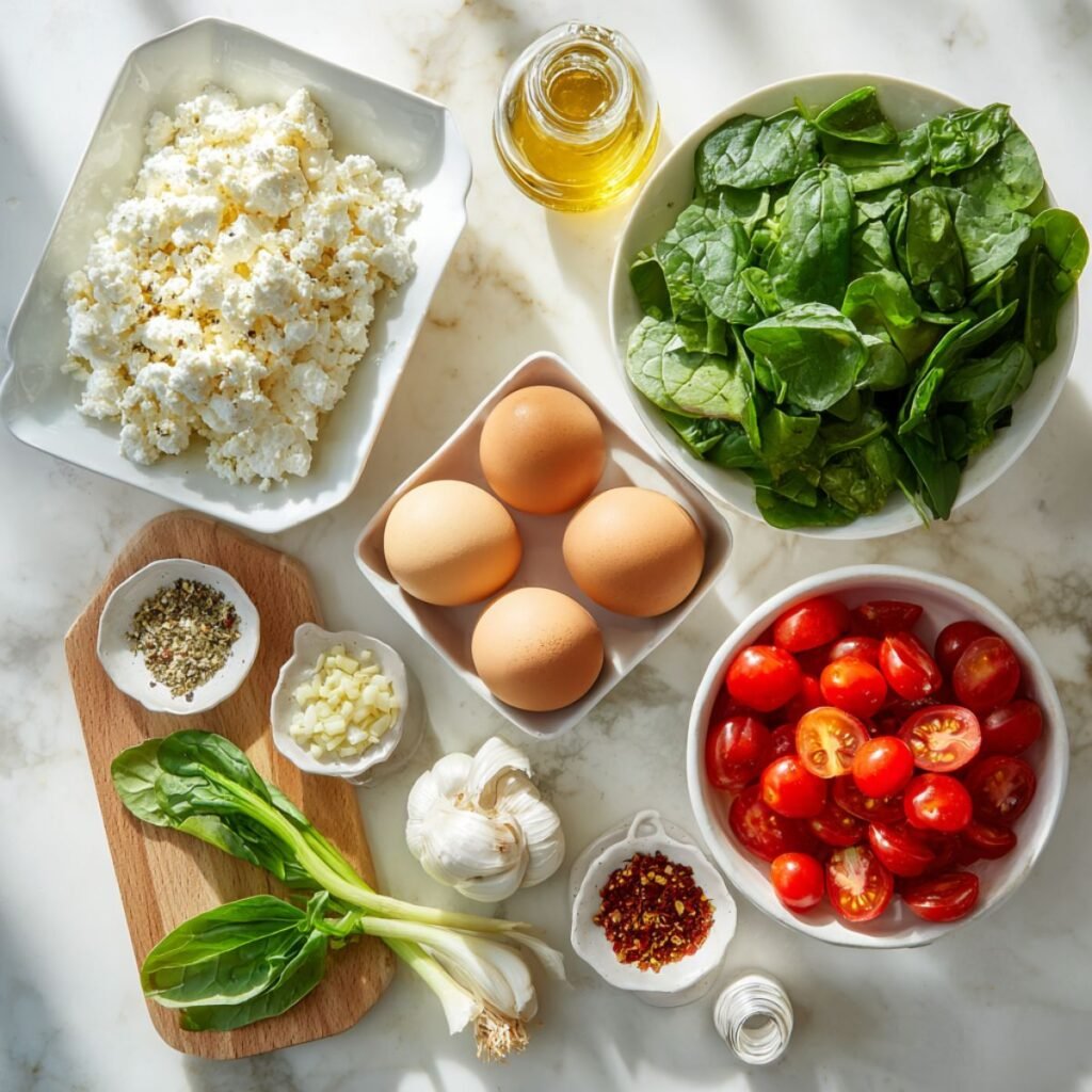 Ingredients for baked feta eggs including eggs, feta cheese, spinach, cherry tomatoes, and fresh herbs on white marble