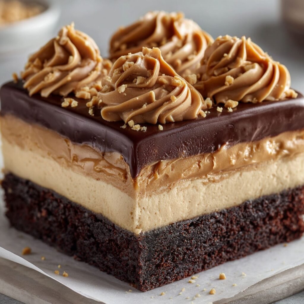 Chocolate peanut butter poke cake with layered pudding filling and ganache. Decadent 4 hour celebration cake with peanut butter frosting.