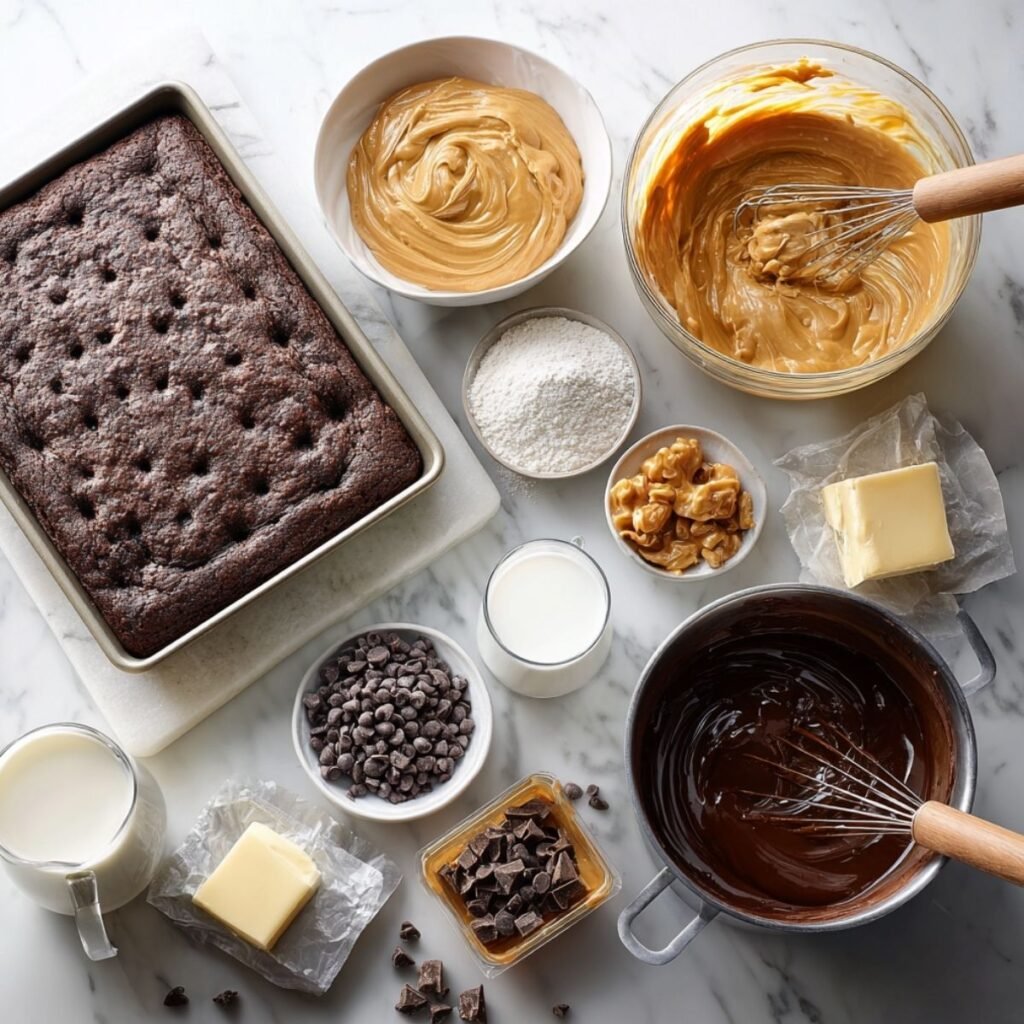 Fresh ingredients for chocolate peanut butter poke cake including cake mix, pudding, ganache and frosting. Layered poke cake assembly with toppings.