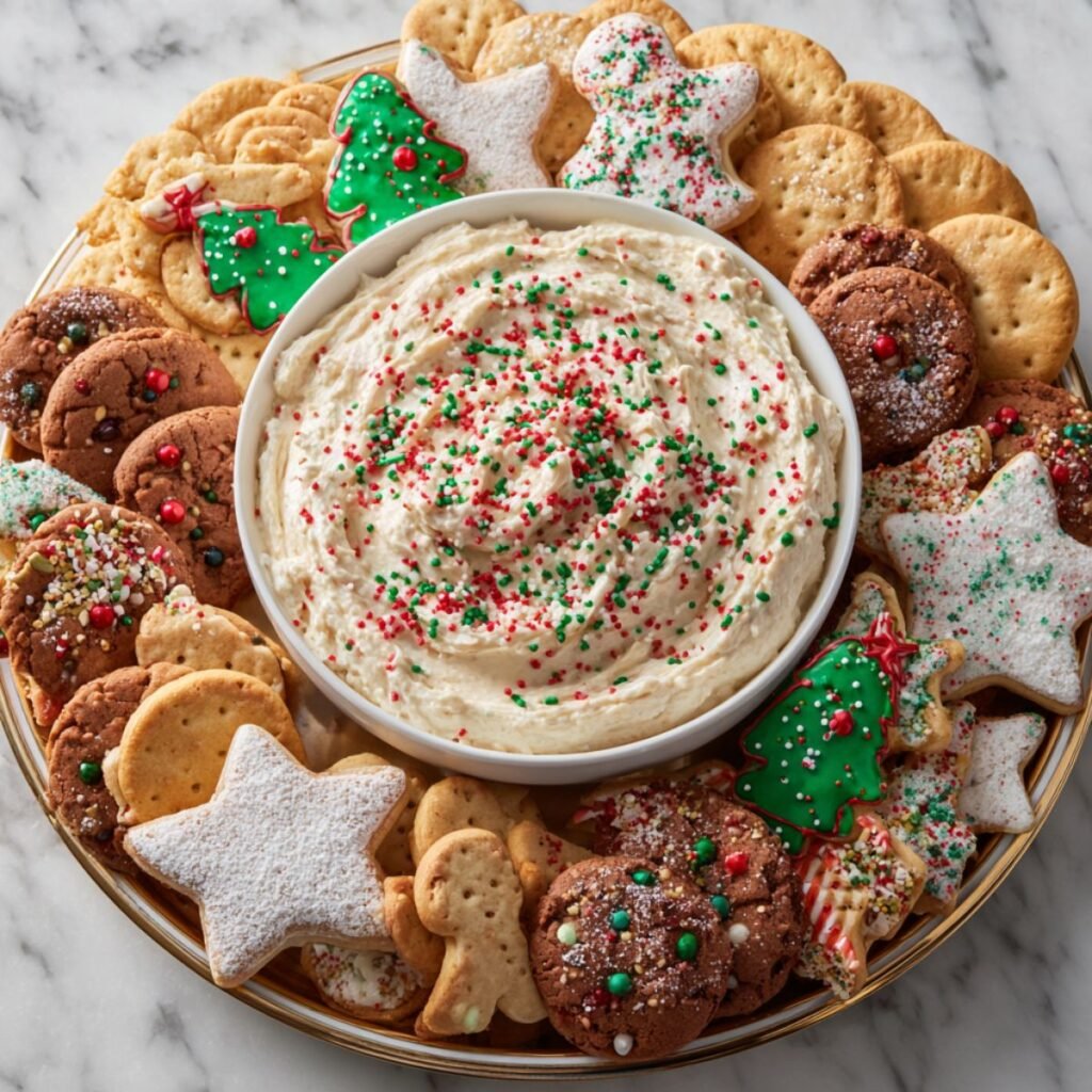 Festive 10 minute Christmas cookie dip in white bowl surrounded by decorated holiday cookies on round platter with sprinkles