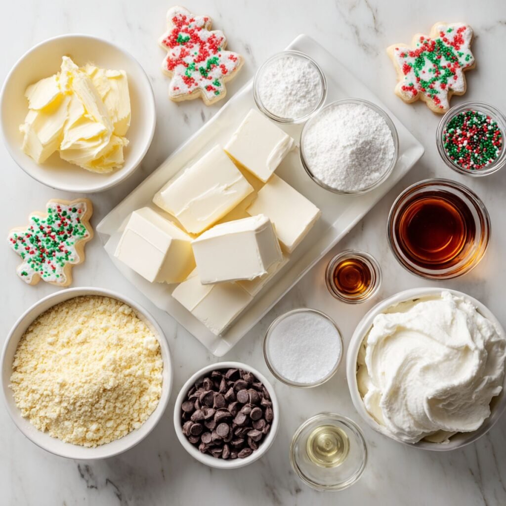Ingredients for christmas cookie dip including cream cheese, butter, powdered sugar, vanilla extract, cake mix, and Cool Whip on white marble