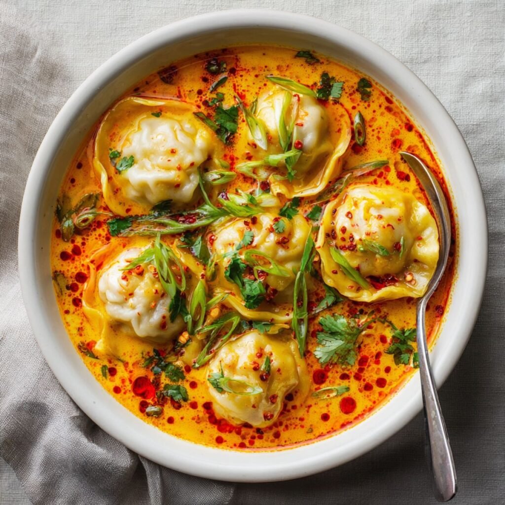 Golden 35 minute coconut curry dumpling soup with pillowy white dumplings floating in vibrant orange coconut curry broth garnished with fresh green onions and chili oil