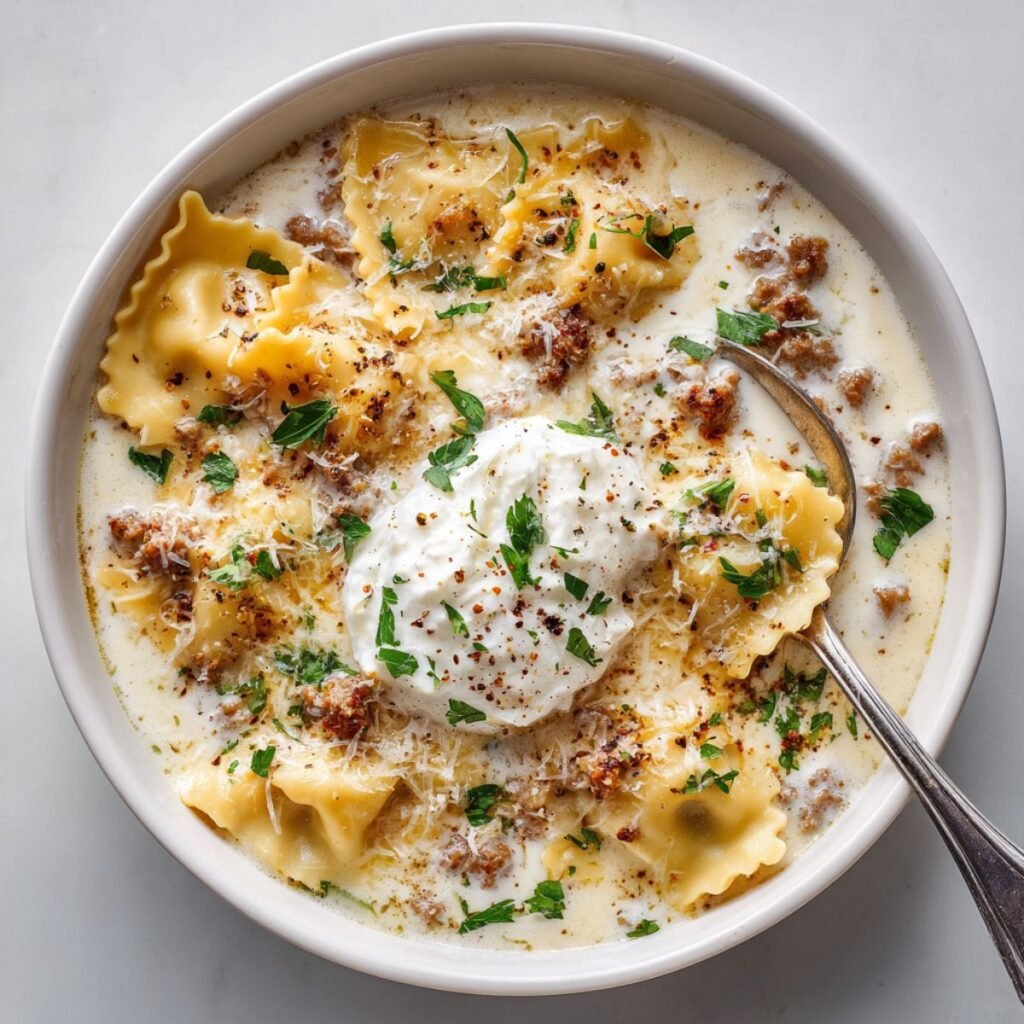 White 35 minute creamy alfredo lasagna soup with tender lasagna noodles floating in rich white Alfredo cream sauce with Italian sausage topped with ricotta dollop and fresh parsley