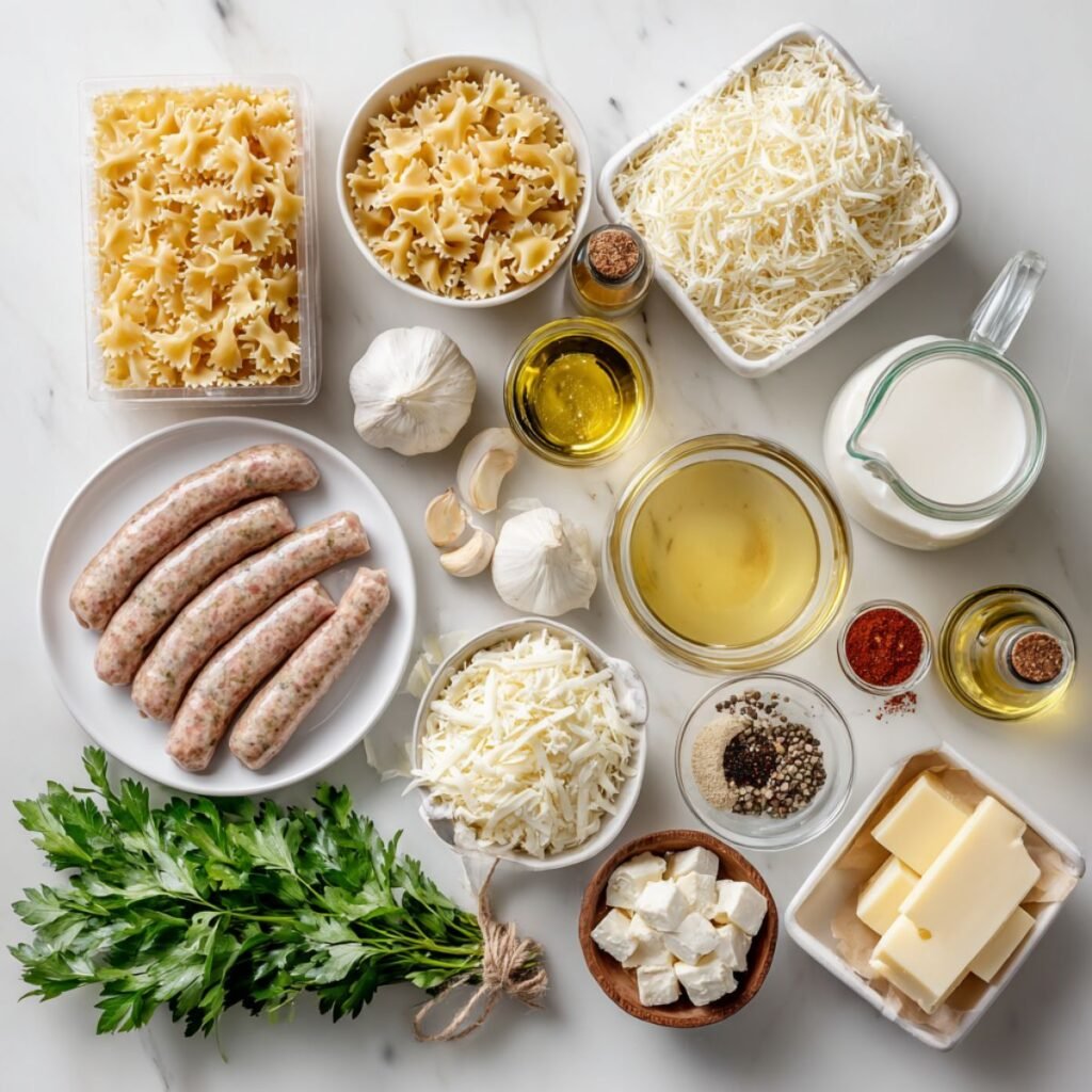 Fresh ingredients for creamy alfredo lasagna soup including Italian sausage lasagna noodles heavy cream three cheeses and fresh herbs arranged on marble surface