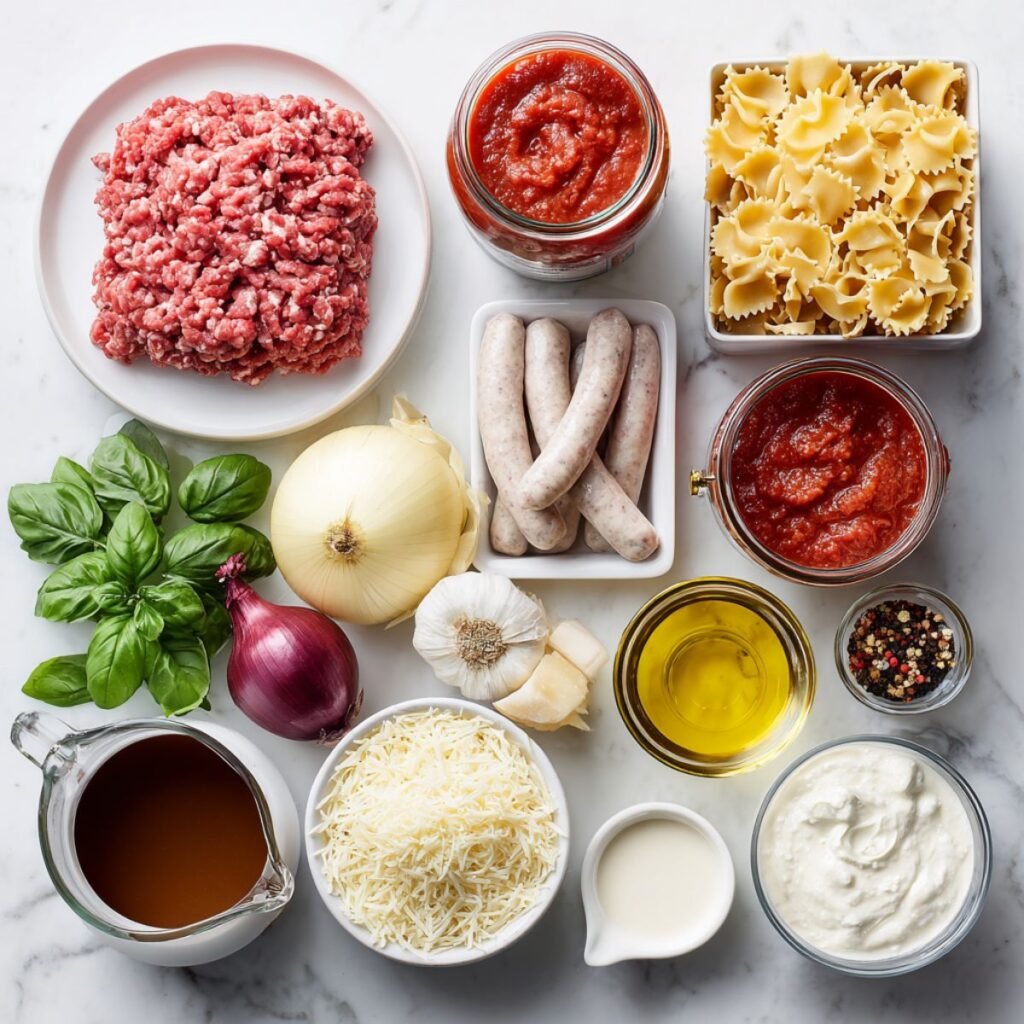 Fresh ingredients for creamy lasagna soup including ground beef lasagna noodles marinara sauce heavy cream three cheeses and fresh basil arranged on marble surface