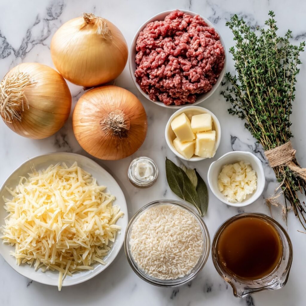 Fresh ingredients for French onion ground beef and rice casserole including ground beef sliced onions rice Swiss cheese and fresh herbs arranged on marble surface