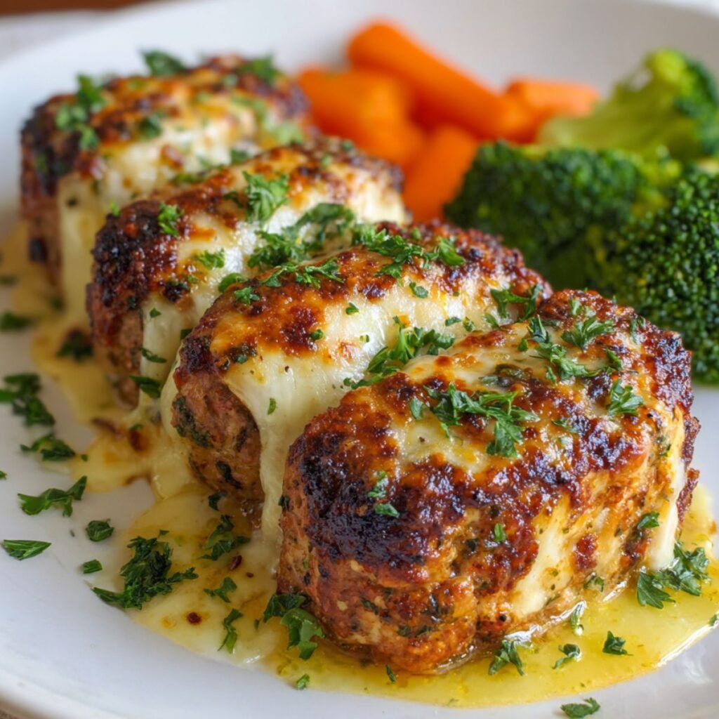 Garlic parmesan chicken meatloaf topped with melted mozzarella and fresh parsley served with vegetables. Tender baked chicken dinner ready in 40 minutes.